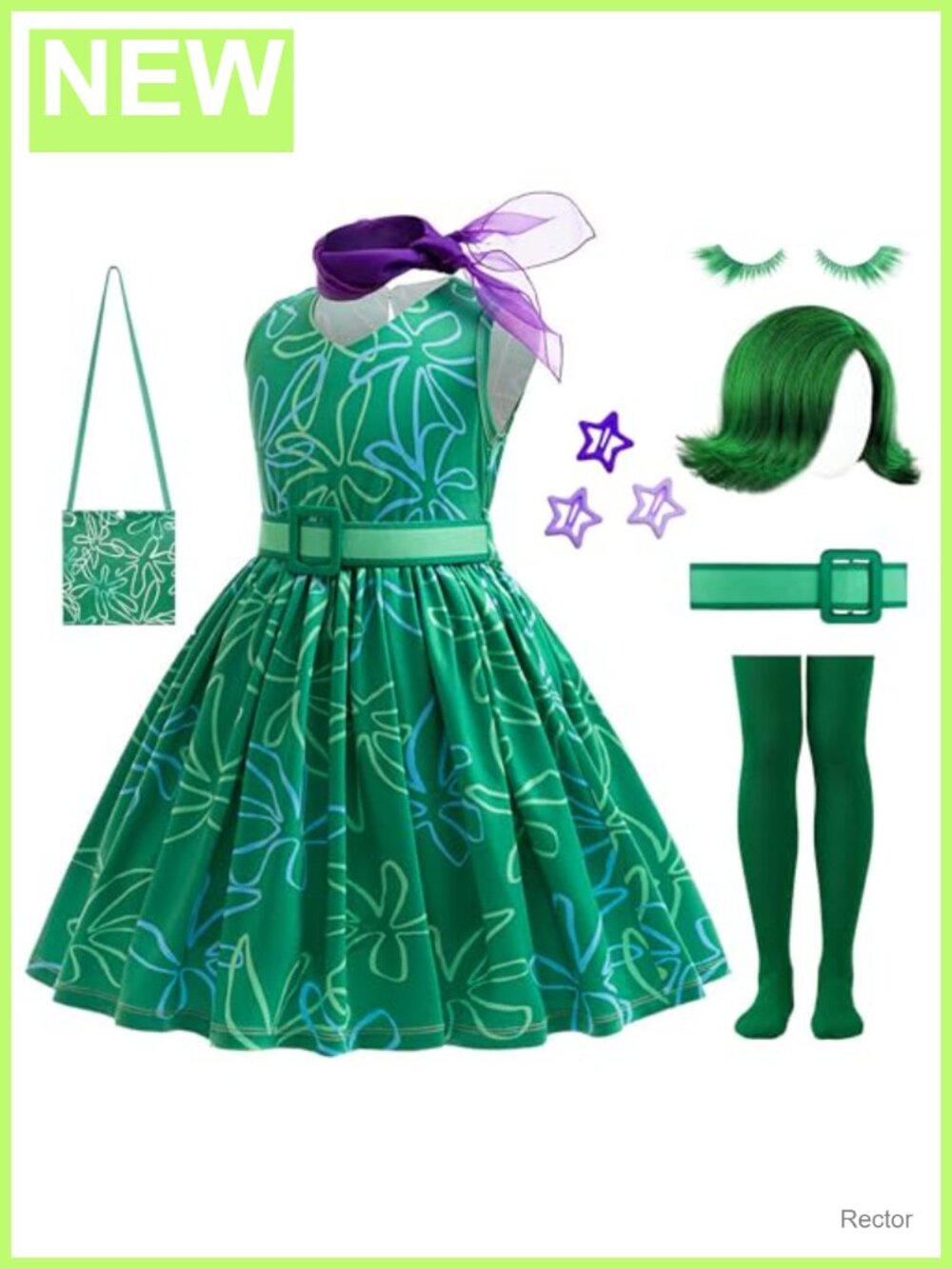 Girls Green Costume Cosplay Dress Up Halloween Outfit with Wig
